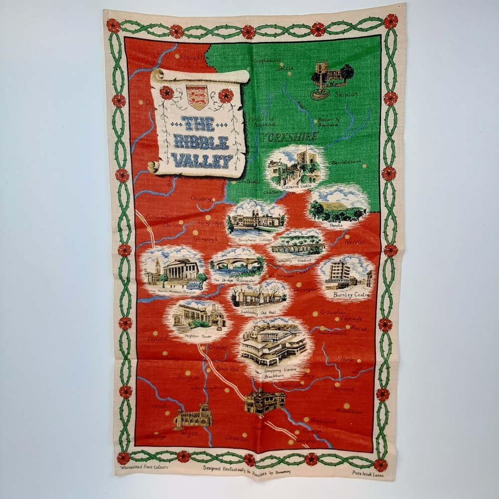 Vintage Dunmoy The Ribble Valley Map Pure Irish Linen Fabric Tea Towel 19.5"x31"